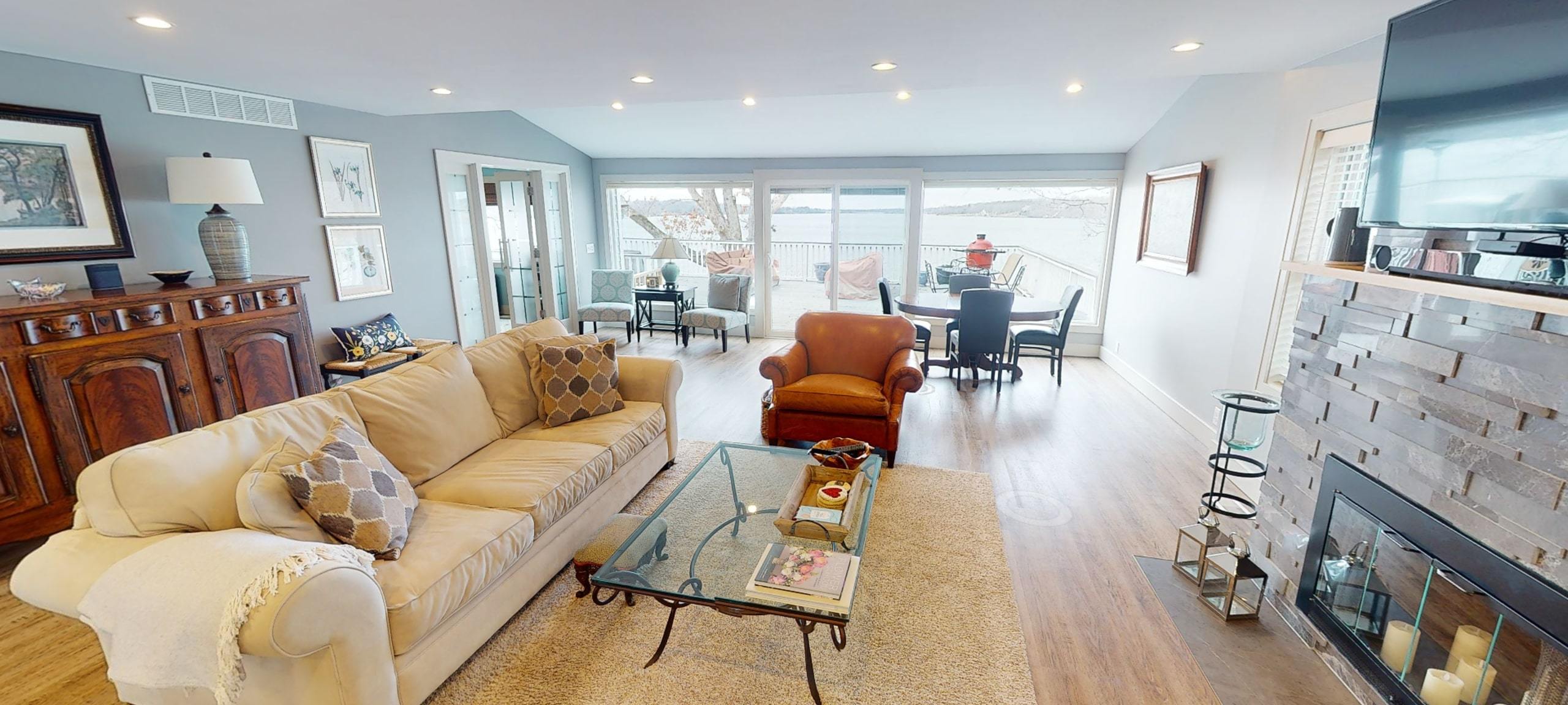 Living room and lake views from 26 Oak Ridge Drive, Decatur
